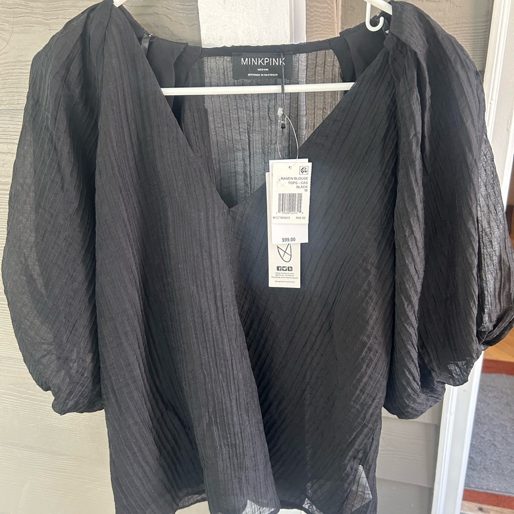 MINKPINK Black Textured Puff Sleeve Blouse